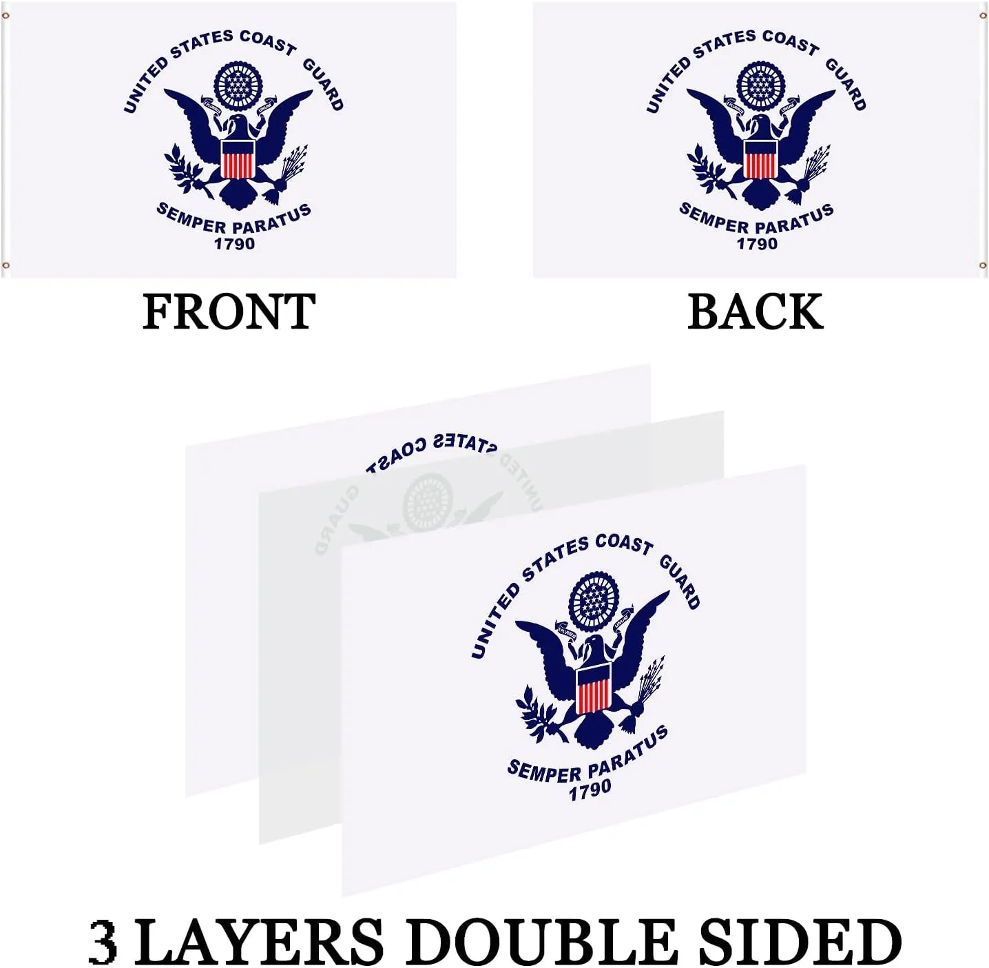 Double Sided US Coast Guard USCG Flag 3x5 Outdoor- 3Ply 240D 4 Rows Stitched- United States 3x5 Coast Guard Flag- UV Fade Resistant With Canvas Header & 2 Brass Grommets