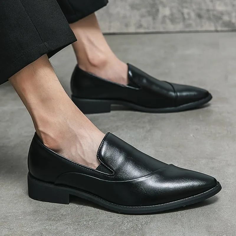 Dress Oxford for Men Slip On Pointed Burnished Toe Faux Leather Solid Color Shoes Block Heel Anti-Slip Rubber Sole Outdoor