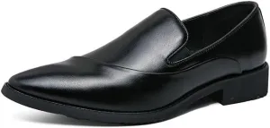 Dress Oxford for Men Slip On Pointed Burnished Toe Faux Leather Solid Color Shoes Block Heel Anti-Slip Rubber Sole Outdoor