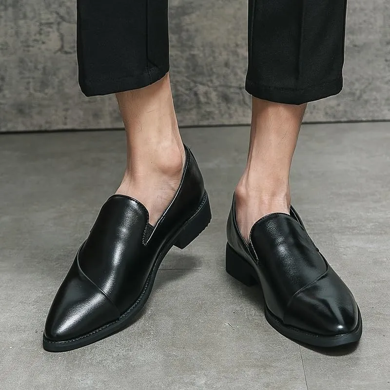 Dress Oxford for Men Slip On Pointed Burnished Toe Faux Leather Solid Color Shoes Block Heel Anti-Slip Rubber Sole Outdoor