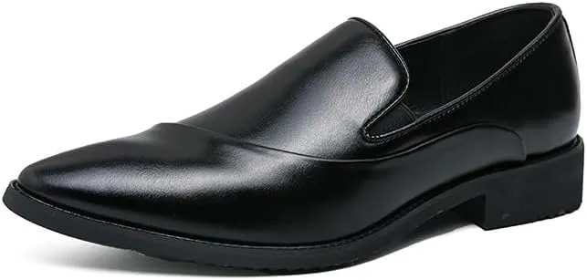 Dress Oxford for Men Slip On Pointed Burnished Toe Faux Leather Solid Color Shoes Block Heel Anti-Slip Rubber Sole Outdoor