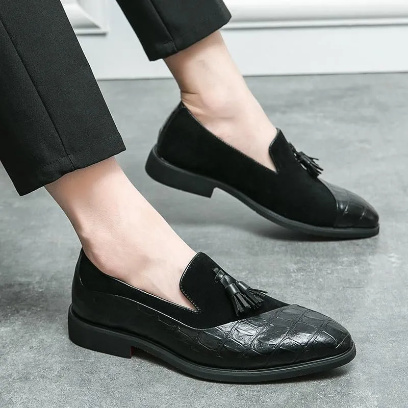 Dress Oxford for Men Slip On Suede Vegan Leather Two Tone Patchwork with Buckle Block Heel Anti-Slip Rubber Sole Non Slip Outdoor