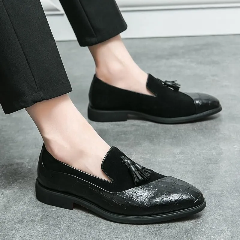Dress Oxford for Men Slip On Suede Vegan Leather Two Tone Patchwork with Buckle Block Heel Anti-Slip Rubber Sole Non Slip Outdoor