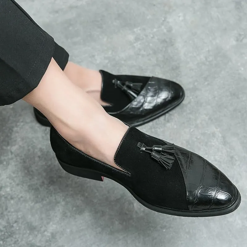 Dress Oxford for Men Slip On Suede Vegan Leather Two Tone Patchwork with Buckle Block Heel Anti-Slip Rubber Sole Non Slip Outdoor