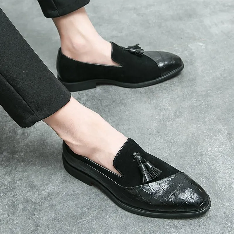 Dress Oxford for Men Slip On Suede Vegan Leather Two Tone Patchwork with Buckle Block Heel Anti-Slip Rubber Sole Non Slip Outdoor
