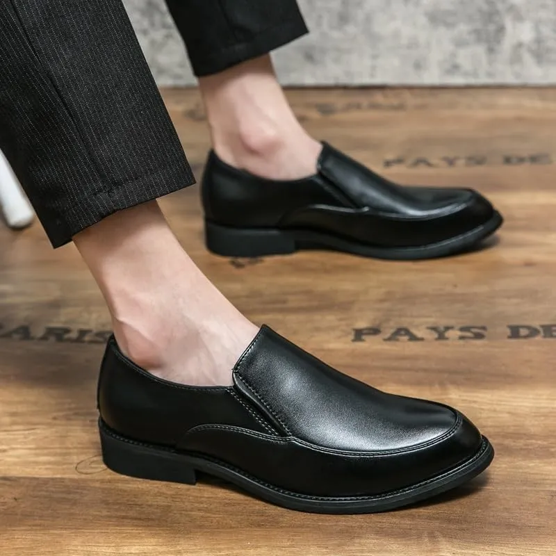 Dress Oxford Shoes for Men Slip On Pointed Burnished Toe PU Leather Shoes Resistant Non Slip Block Heel Rubber Sole Working