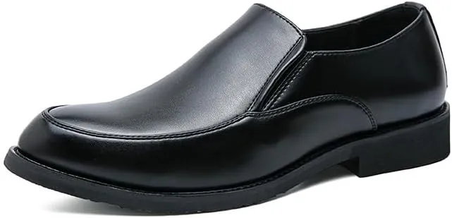 Dress Oxford Shoes for Men Slip On Pointed Burnished Toe PU Leather Shoes Resistant Non Slip Block Heel Rubber Sole Working