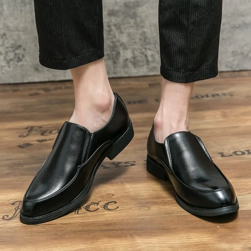 Dress Oxford Shoes for Men Slip On Pointed Burnished Toe PU Leather Shoes Resistant Non Slip Block Heel Rubber Sole Working