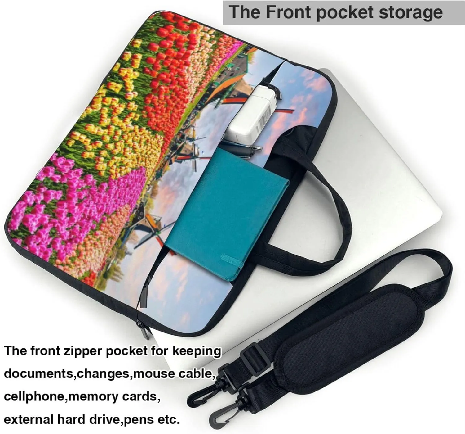 Dutch Windmills Tulips Flowers Laptop Bag Shoulder Messenger Bag Computer Briefcase Bag For Business Office Work