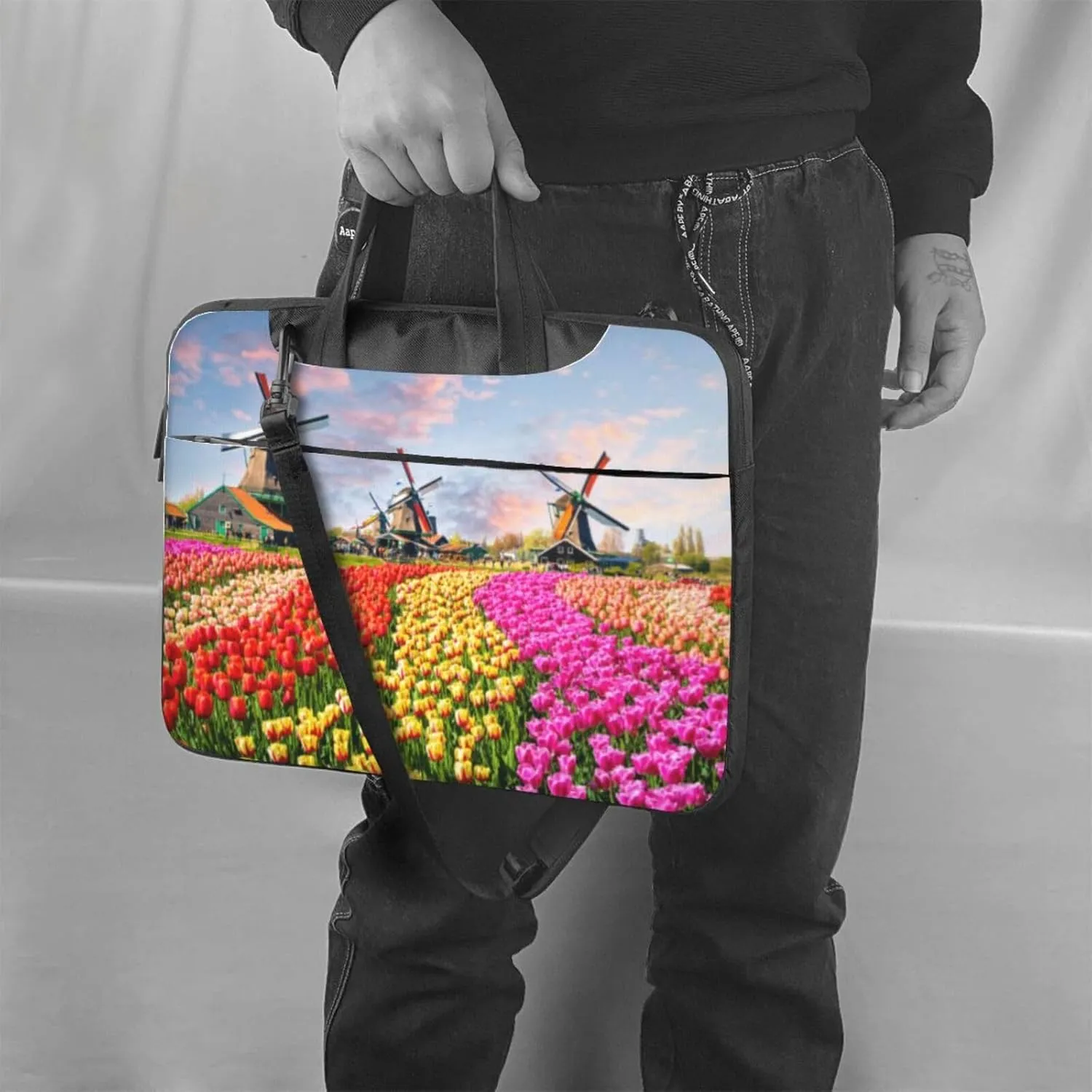 Dutch Windmills Tulips Flowers Laptop Bag Shoulder Messenger Bag Computer Briefcase Bag For Business Office Work