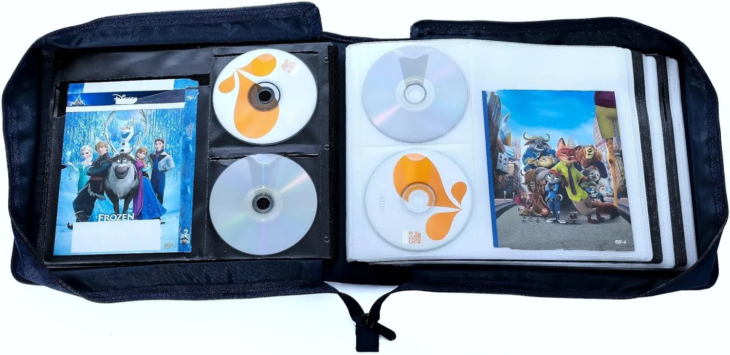 DVD CD Storage Case with Extra Wide Title Cover Pages for Blu Ray Movie Music Audio Disk (Portable Carrying Binder Holder Wallet Album Home Organizer Shelf)- 128 Disc Units & 64 Booklet Pockets
