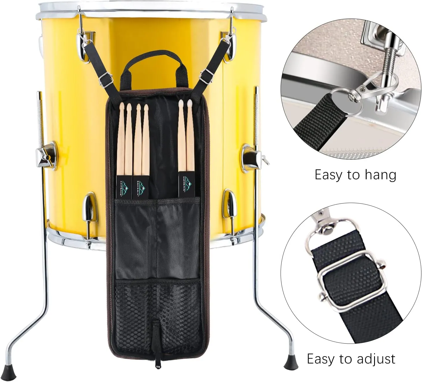 EASTROCK Drum Sticks Bag with 3 Pair Drumsticks, Drumstick Bag with Floor Tom Hook, Carrying Strap (Brown)