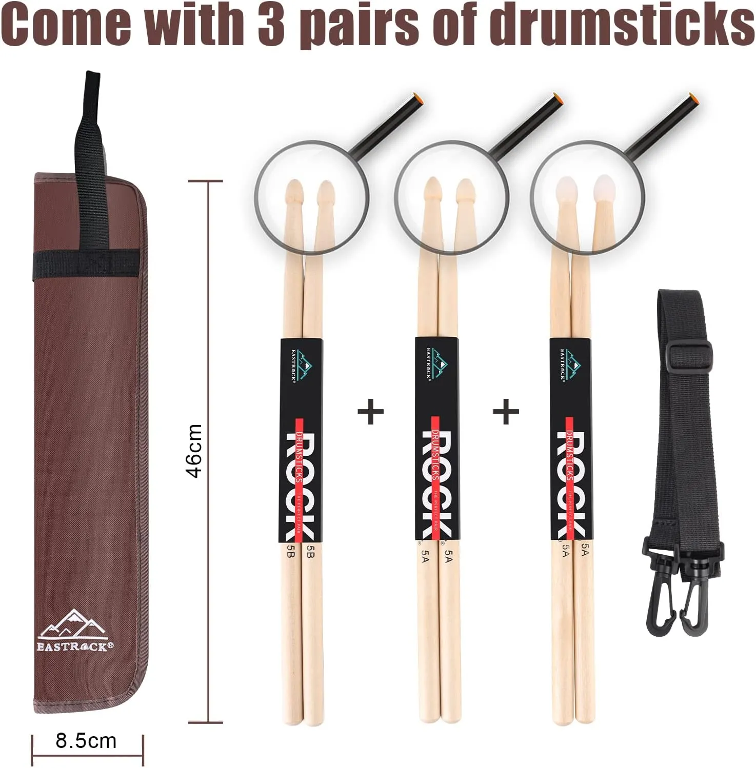 EASTROCK Drum Sticks Bag with 3 Pair Drumsticks, Drumstick Bag with Floor Tom Hook, Carrying Strap (Brown)
