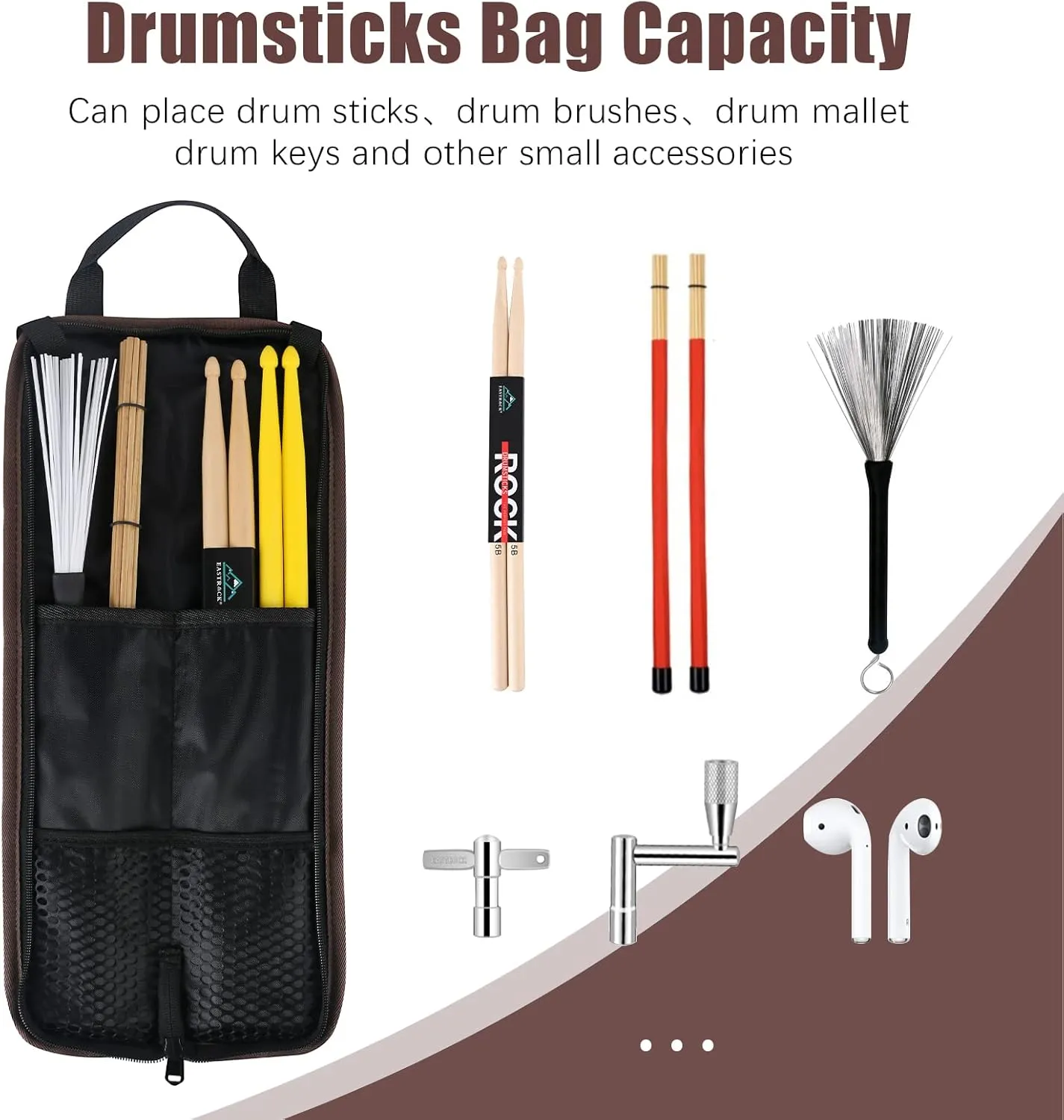 EASTROCK Drum Sticks Bag with 3 Pair Drumsticks, Drumstick Bag with Floor Tom Hook, Carrying Strap (Brown)