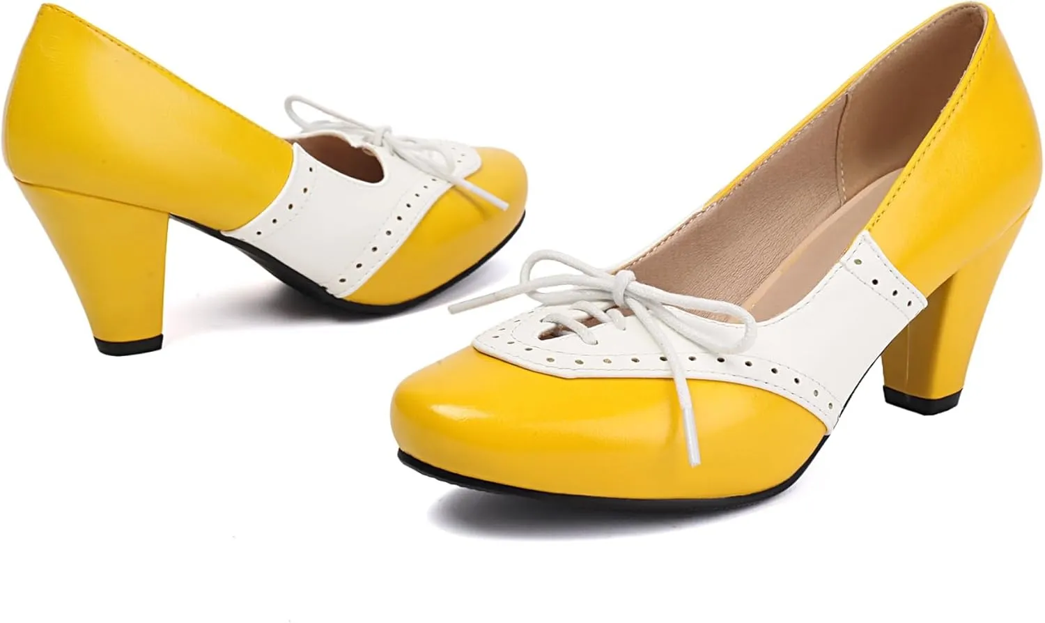 Elerhythm Women's Mary Jane 1920s Pump Heels Two Tones Classic and Retro Lace Up Wingtip 1950s Vintage Round Closed Toe 1940s Shoes