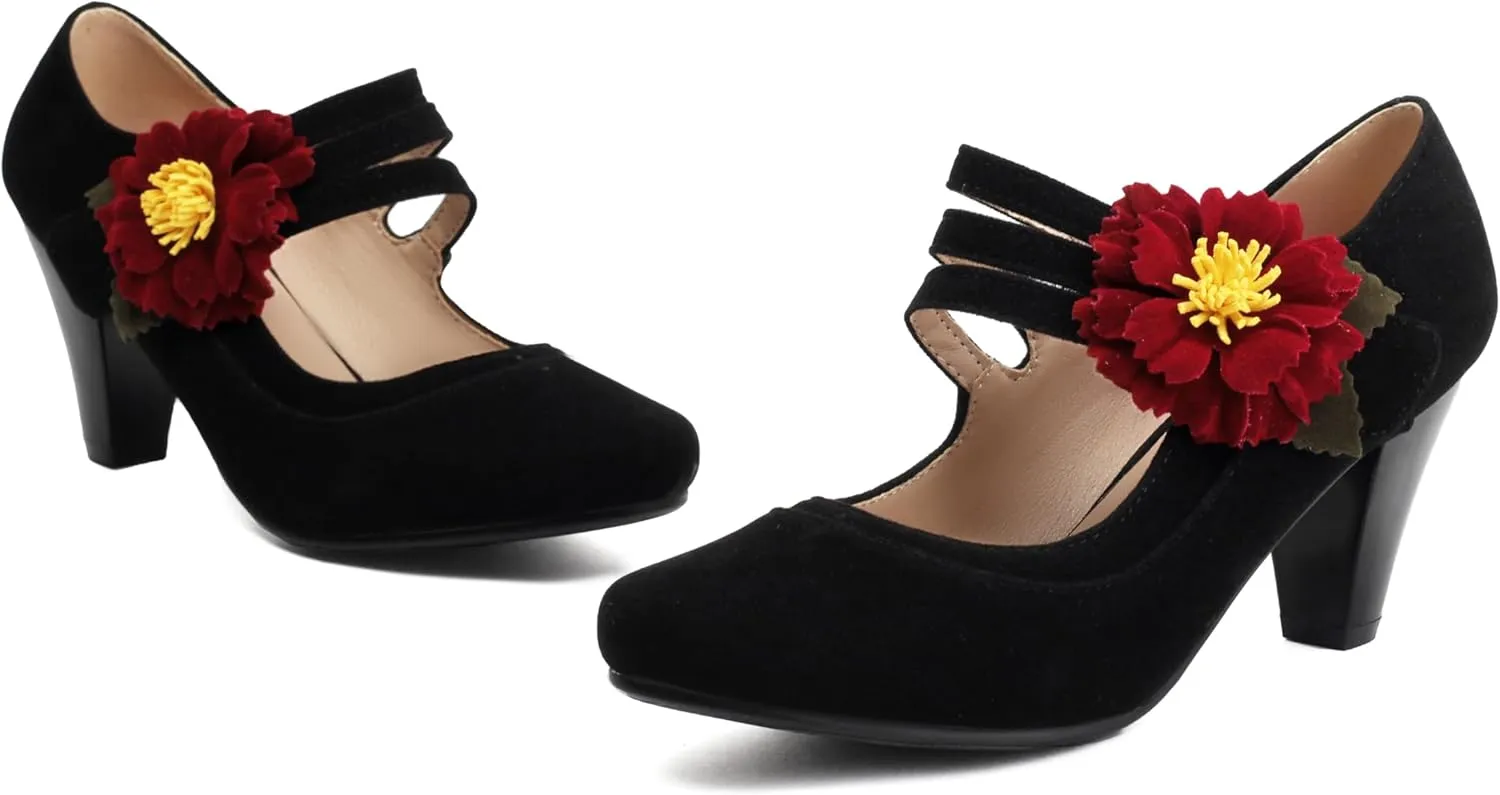 Elerhythm Women's Mary Jane Flower Ankle Strap Vintage Heels 1920s Pumps Closed Round Toe 1950s Victorian Retro Shoes