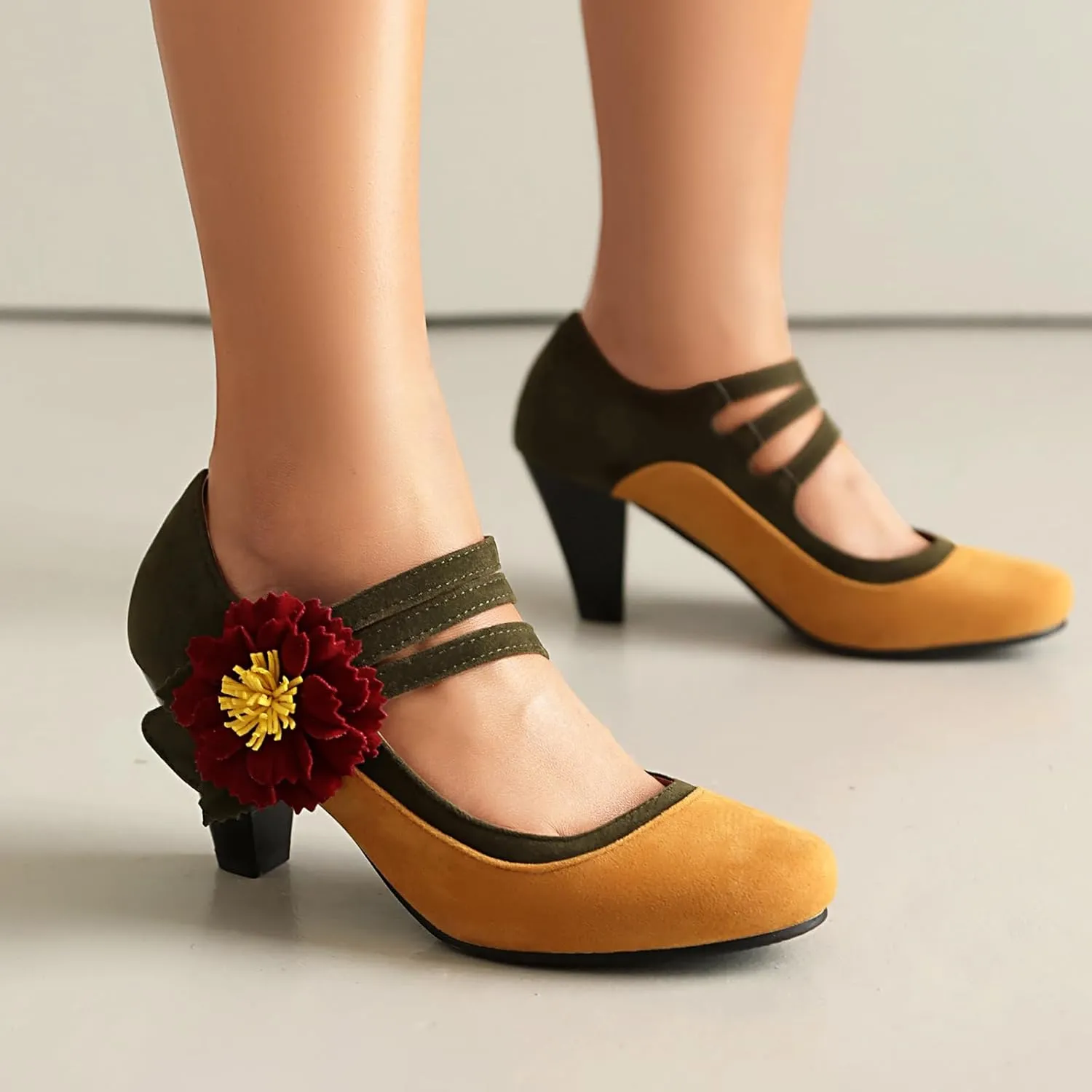 Elerhythm Women's Mary Jane Flower Ankle Strap Vintage Heels 1920s Pumps Closed Round Toe 1950s Victorian Retro Shoes