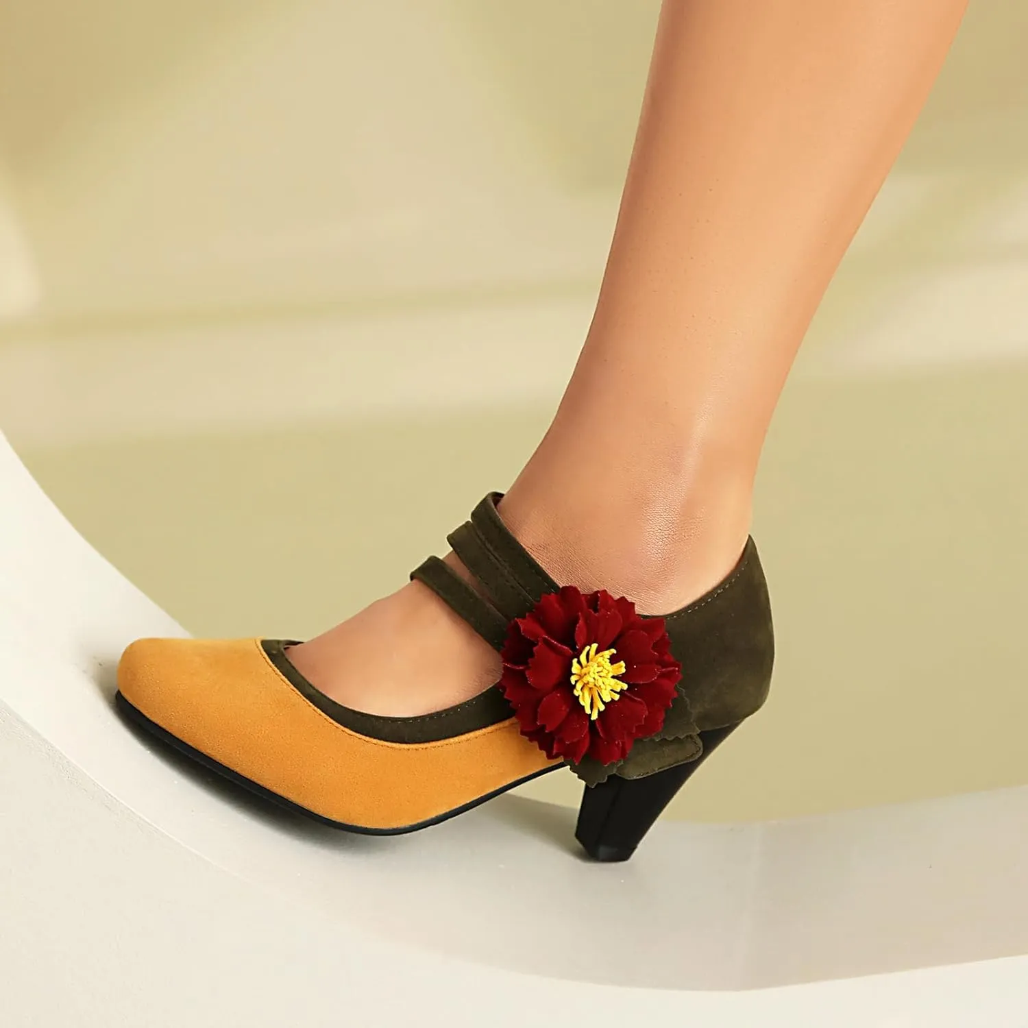 Elerhythm Women's Mary Jane Flower Ankle Strap Vintage Heels 1920s Pumps Closed Round Toe 1950s Victorian Retro Shoes