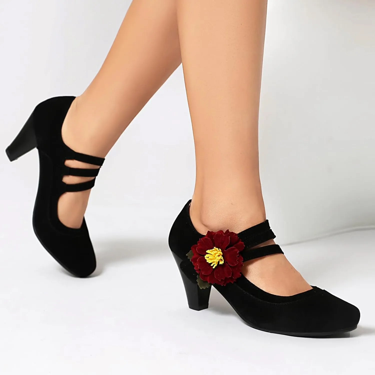 Elerhythm Women's Mary Jane Flower Ankle Strap Vintage Heels 1920s Pumps Closed Round Toe 1950s Victorian Retro Shoes