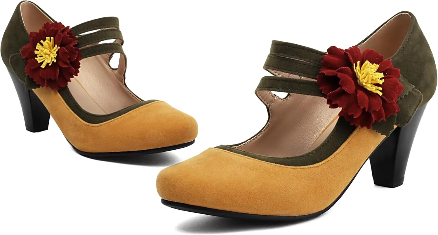 Elerhythm Women's Mary Jane Flower Ankle Strap Vintage Heels 1920s Pumps Closed Round Toe 1950s Victorian Retro Shoes