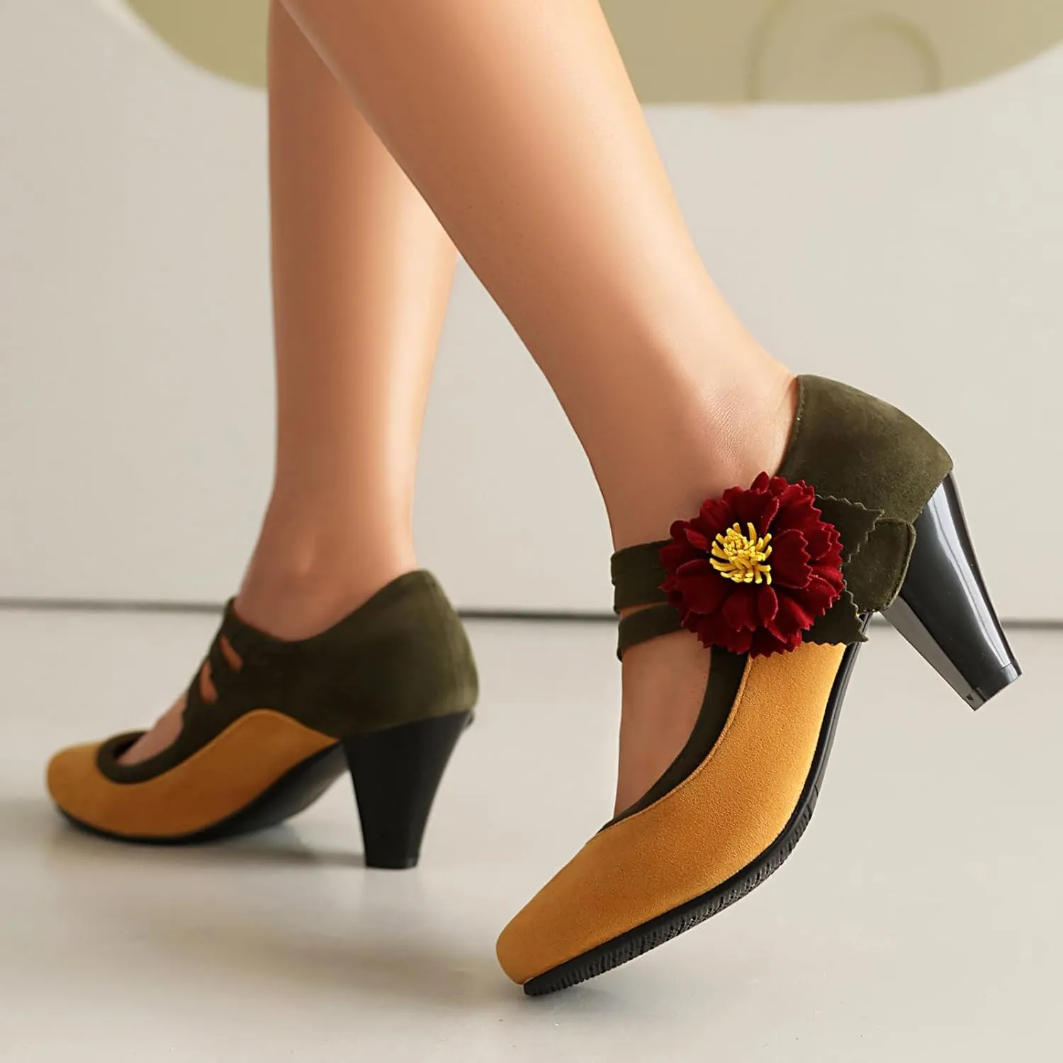 Elerhythm Women's Mary Jane Flower Ankle Strap Vintage Heels 1920s Pumps Closed Round Toe 1950s Victorian Retro Shoes