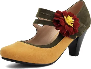 Elerhythm Women's Mary Jane Flower Ankle Strap Vintage Heels 1920s Pumps Closed Round Toe 1950s Victorian Retro Shoes