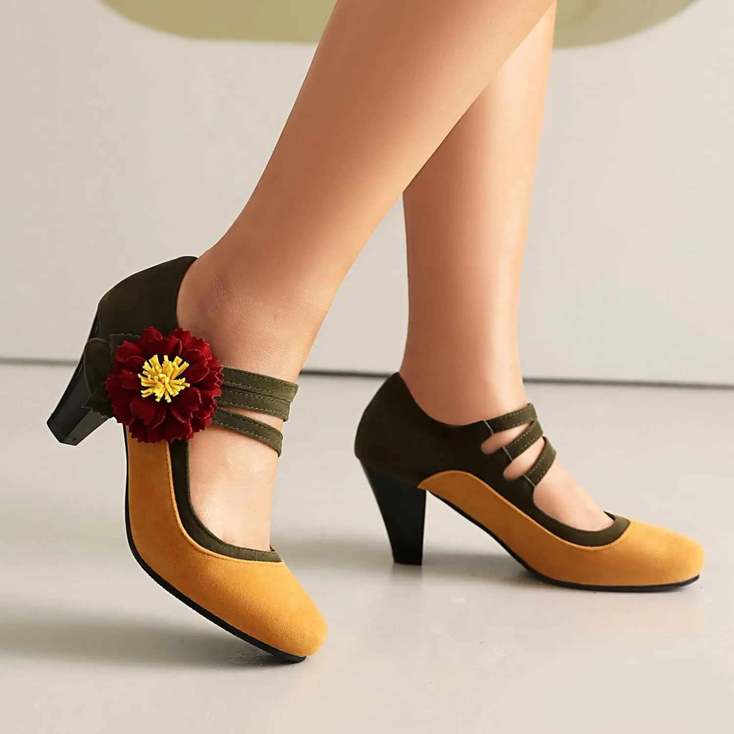 Elerhythm Women's Mary Jane Flower Ankle Strap Vintage Heels 1920s Pumps Closed Round Toe 1950s Victorian Retro Shoes