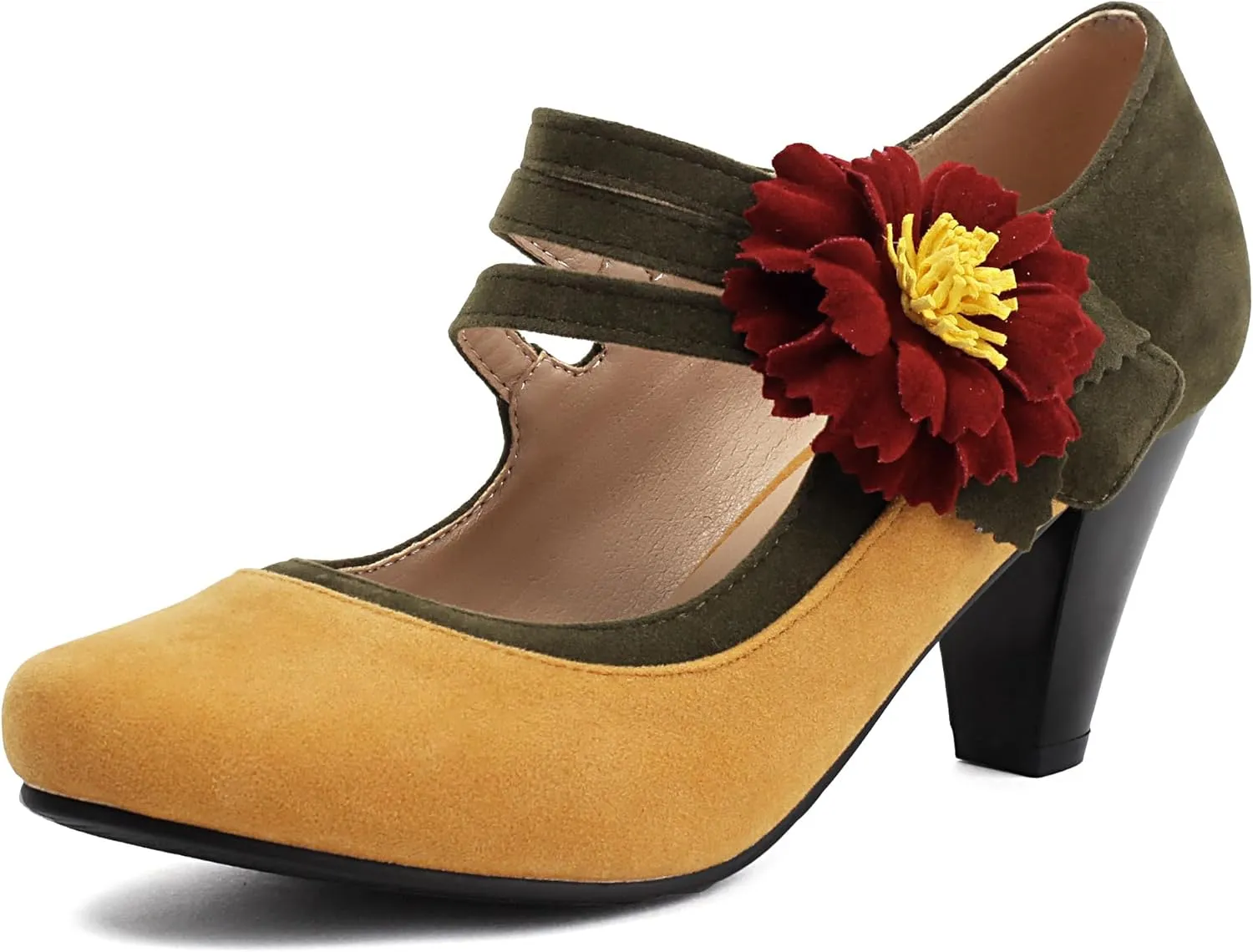 Elerhythm Women's Mary Jane Flower Ankle Strap Vintage Heels 1920s Pumps Closed Round Toe 1950s Victorian Retro Shoes