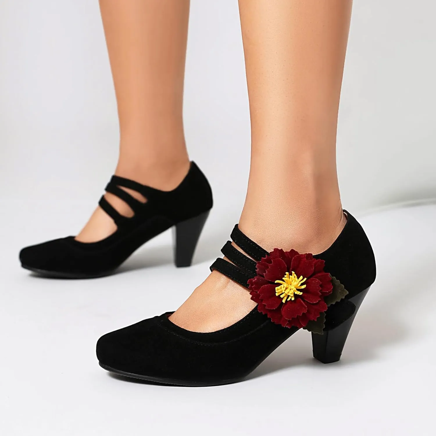 Elerhythm Women's Mary Jane Flower Ankle Strap Vintage Heels 1920s Pumps Closed Round Toe 1950s Victorian Retro Shoes