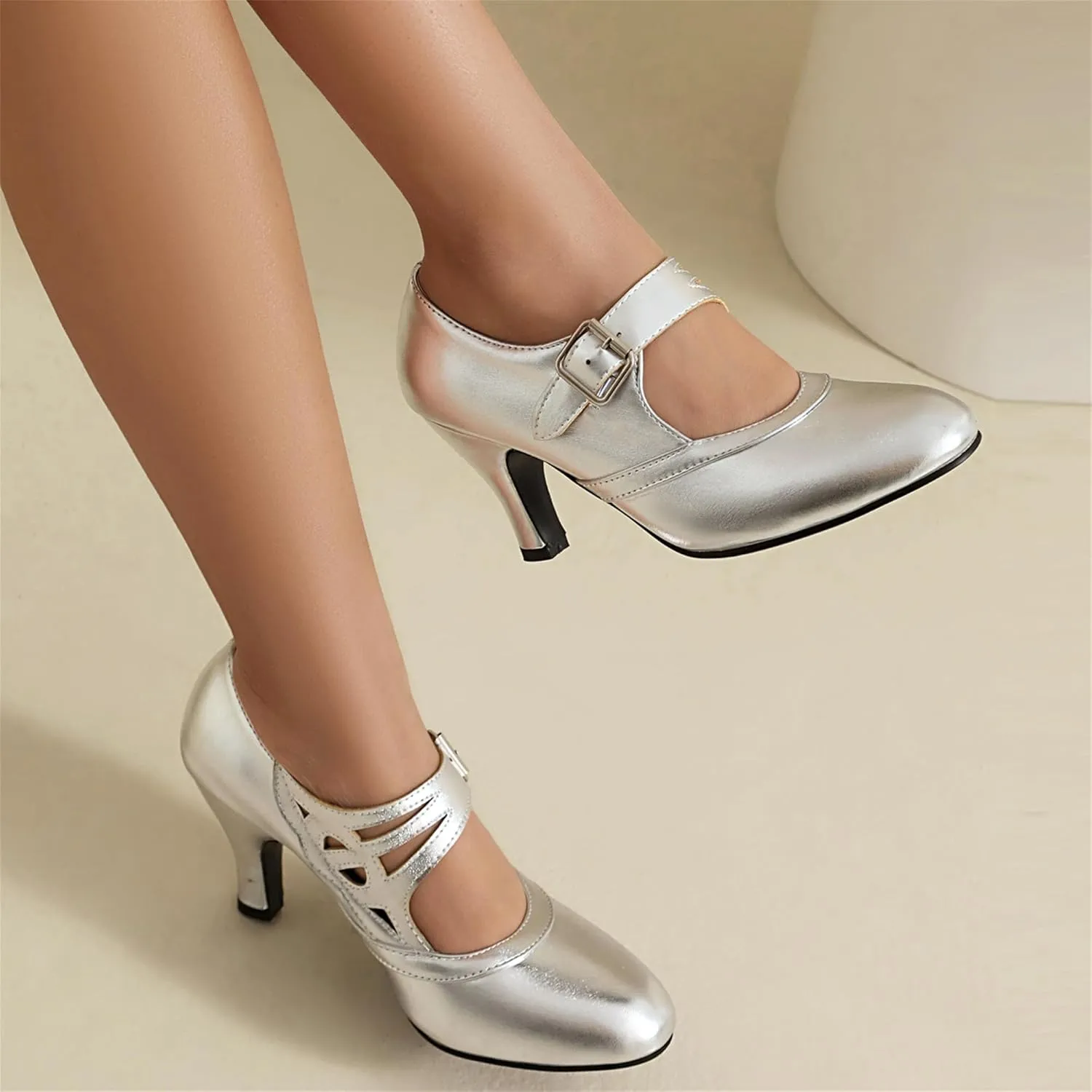 Elerhythm Women's Mary Jane Rockability Close Round Toe Vintage 1950s Heels Retro 1920s Victorian Pumps Shoes