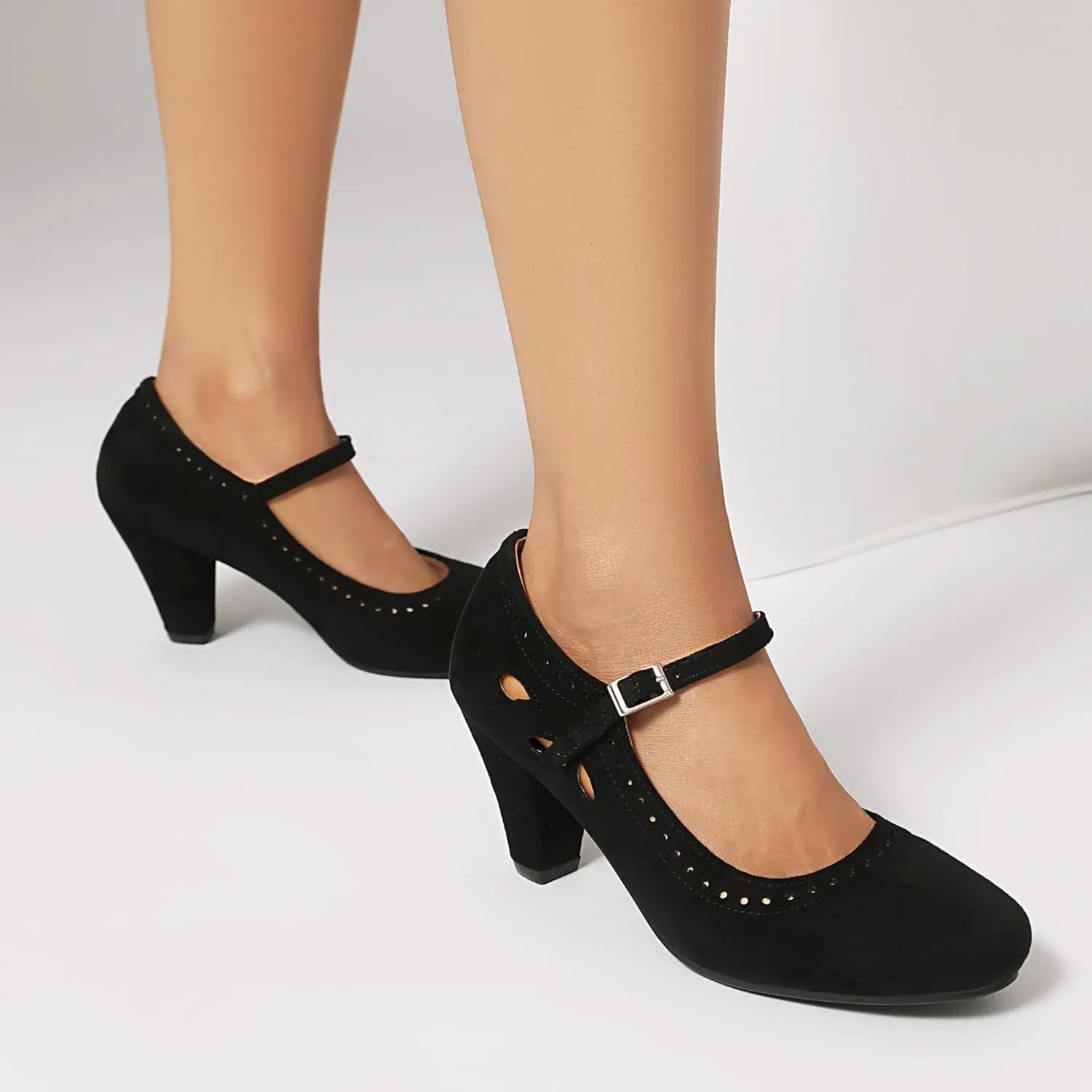 Elerhythm Women's Mary Jane Teardrop Cutout Classic and Retro 1920s Pump Heels 1950s Vintage Round Closed Toe 1940s Ankle Strap Dress Shoes