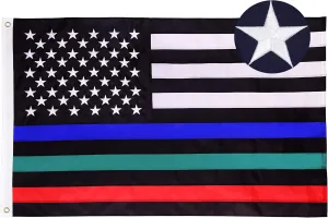 Embroidery Stars Thin Red Blue Green Line American Flags 3X5 Ft Sewn Stripe 210D Police Firefighter Military American Flag US American Law Enforcement Flag with Brass Grommets