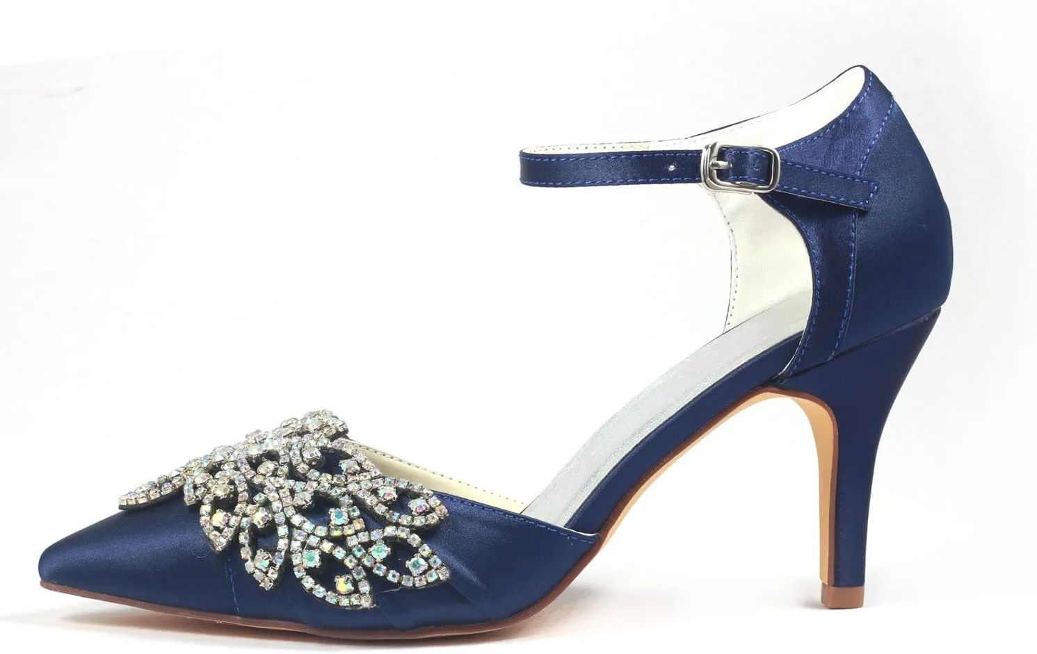 Emily Bridal Women's Wedding Shoes Deep Blue Pointed Toe Stiletto Rhinestones Elegant Imitated Silk Bride Pump Shoes