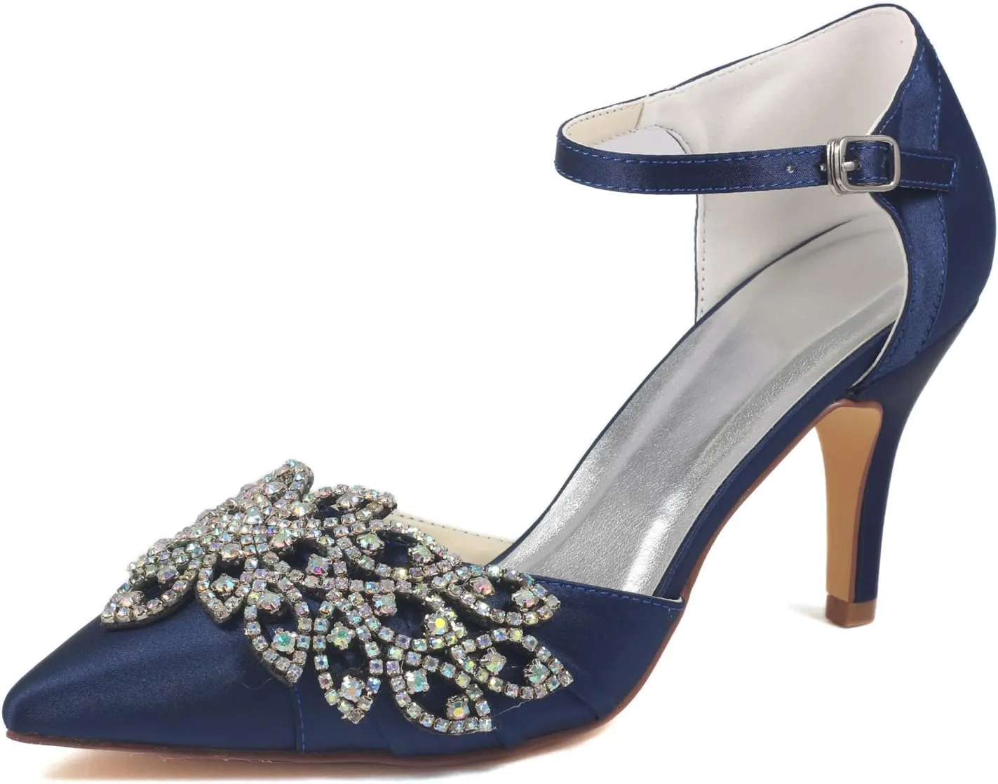 Emily Bridal Women's Wedding Shoes Deep Blue Pointed Toe Stiletto Rhinestones Elegant Imitated Silk Bride Pump Shoes