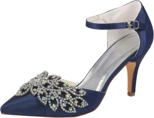 Emily Bridal Women's Wedding Shoes Deep Blue Pointed Toe Stiletto Rhinestones Elegant Imitated Silk Bride Pump Shoes
