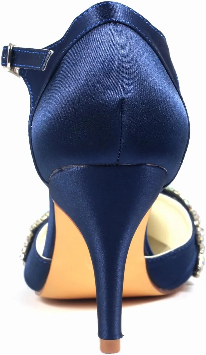 Emily Bridal Women's Wedding Shoes Deep Blue Pointed Toe Stiletto Rhinestones Elegant Imitated Silk Bride Pump Shoes