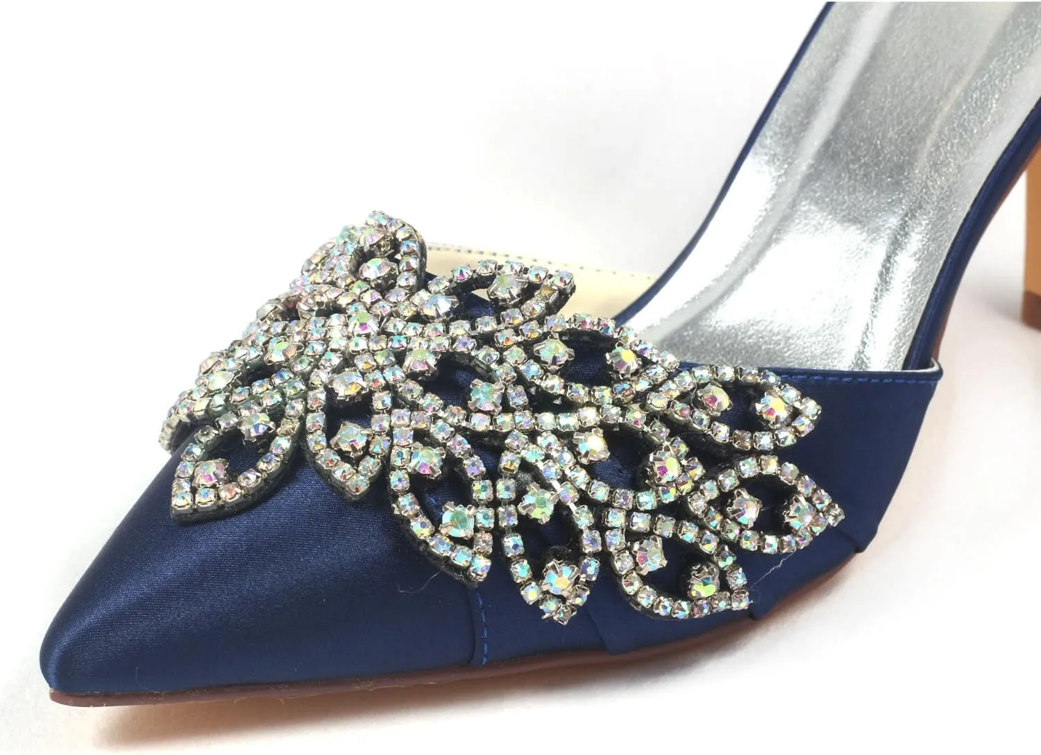 Emily Bridal Women's Wedding Shoes Deep Blue Pointed Toe Stiletto Rhinestones Elegant Imitated Silk Bride Pump Shoes