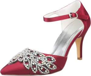 Emily Bridal Women's Wedding Shoes Deep Blue Pointed Toe Stiletto Rhinestones Elegant Imitated Silk Bride Pump Shoes