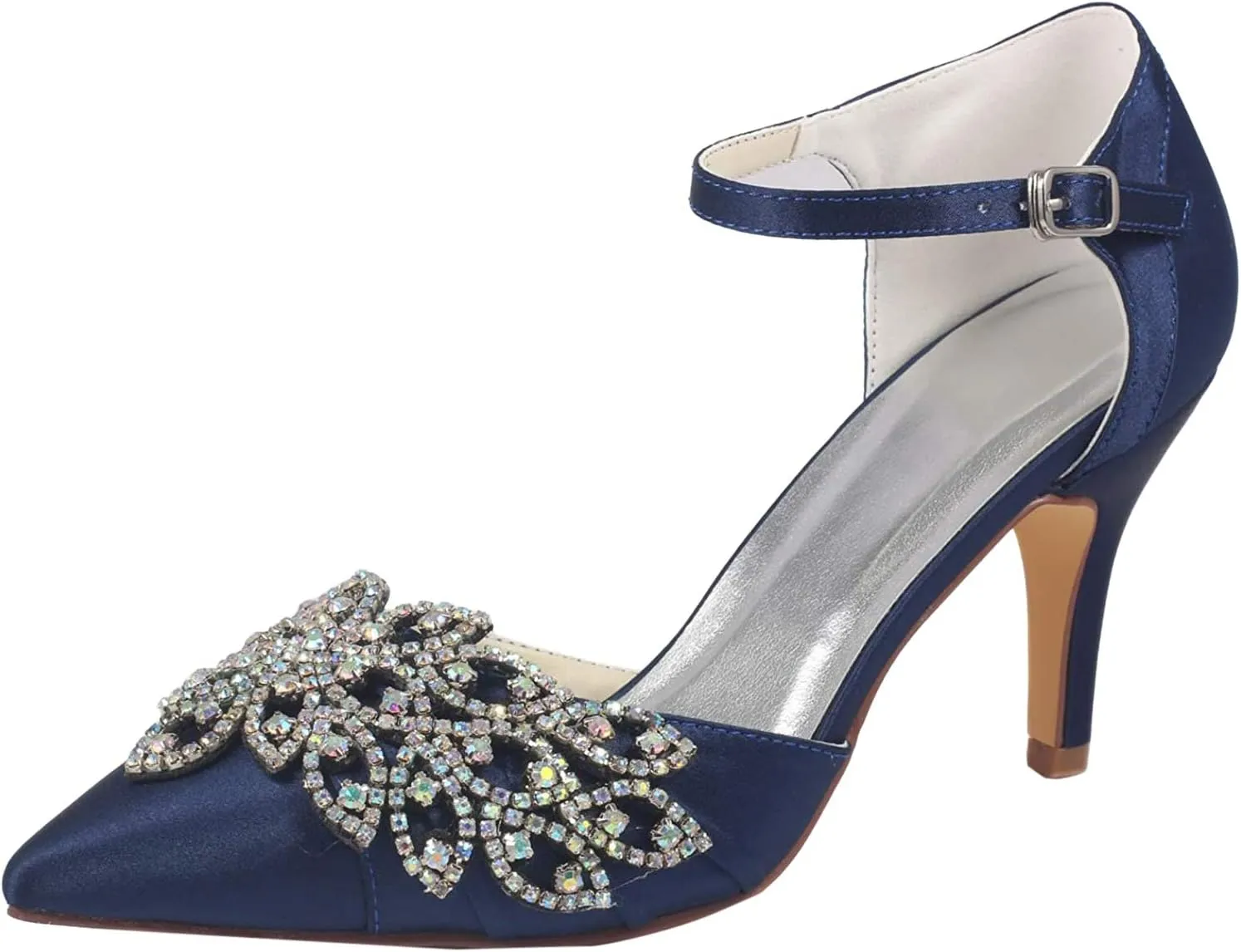 Emily Bridal Women's Wedding Shoes Deep Blue Pointed Toe Stiletto Rhinestones Elegant Imitated Silk Bride Pump Shoes