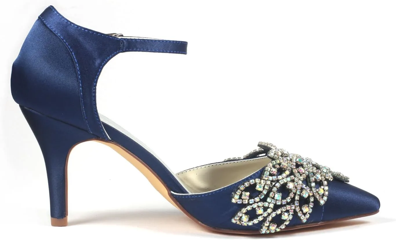 Emily Bridal Women's Wedding Shoes Deep Blue Pointed Toe Stiletto Rhinestones Elegant Imitated Silk Bride Pump Shoes