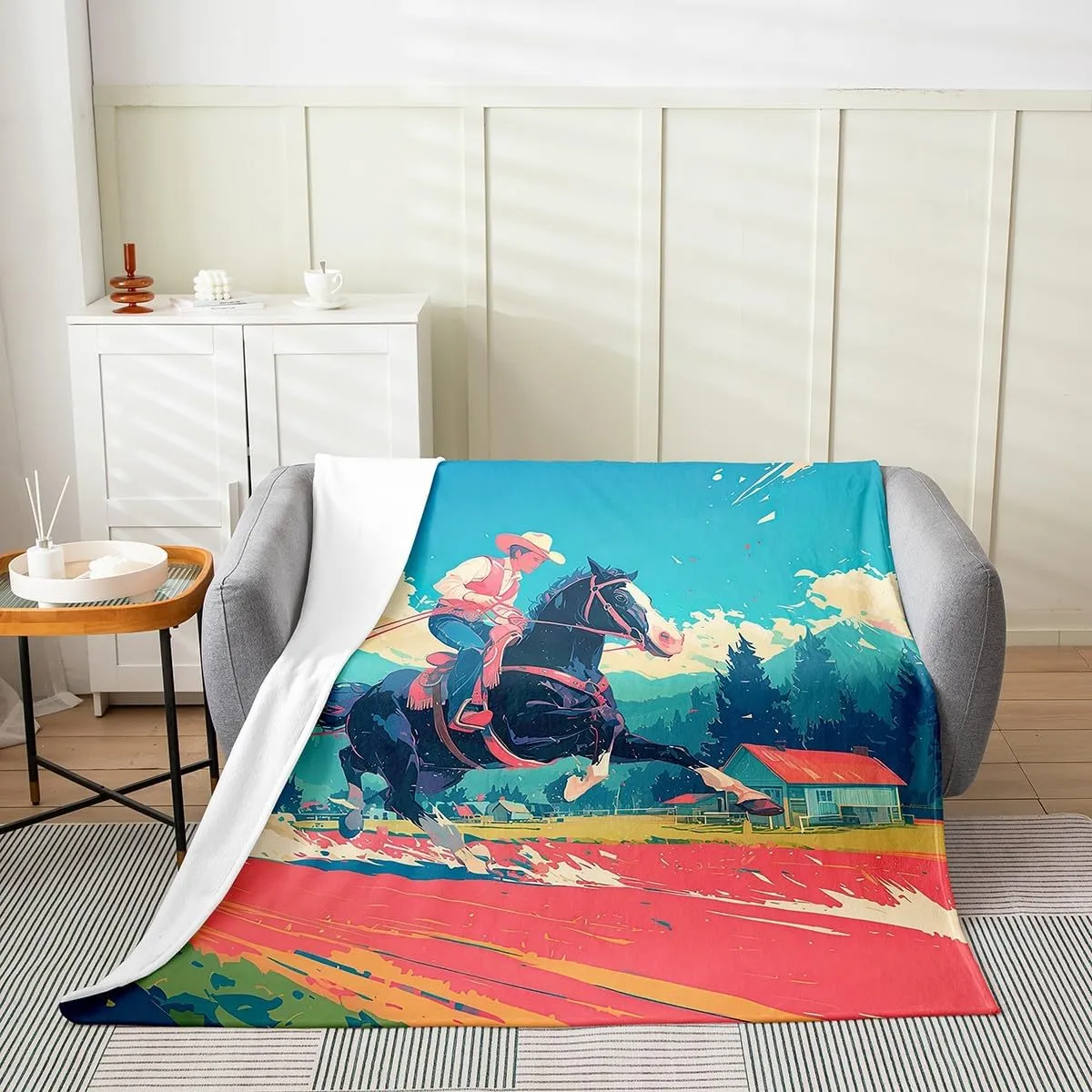 Erosebridal Western Cowboy Throw Blanket 40x50,Derby Racing Horse Fleece Blanket,Rider Sports Fuzzy Blanket,Rustic Farmhouse Bed Blanket,Country Cartoon Blue Pink Sherpa Blanket Soft Cozy