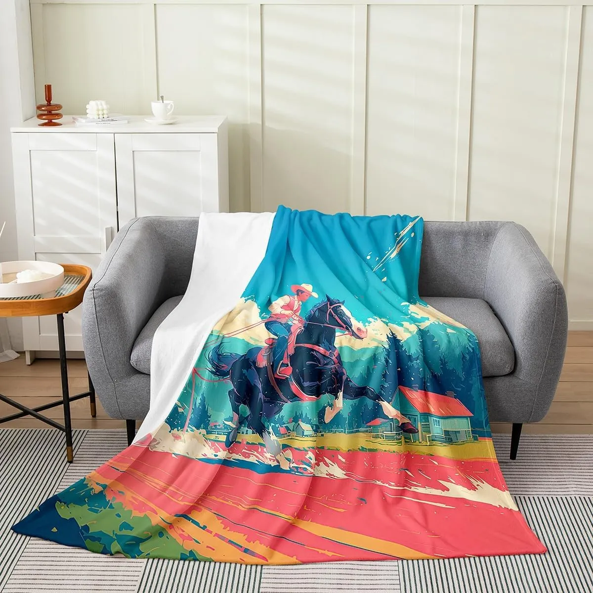 Erosebridal Western Cowboy Throw Blanket 40x50,Derby Racing Horse Fleece Blanket,Rider Sports Fuzzy Blanket,Rustic Farmhouse Bed Blanket,Country Cartoon Blue Pink Sherpa Blanket Soft Cozy