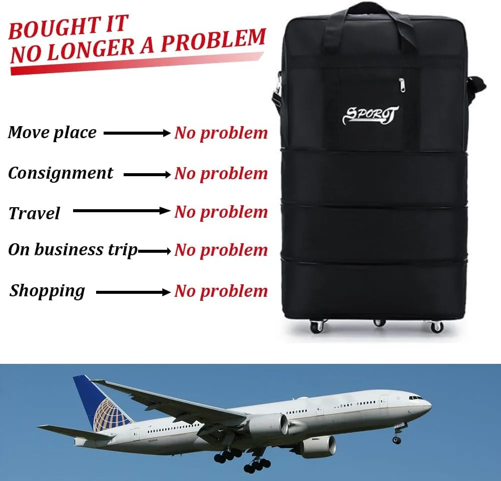 Expandable Rolling Wheeled Duffle Bag - Waterproof Lightweight Traveling Foldable Suitcase, Large Capacity, Durable Carry on Duffel Bag Weekend Bag for Women Men, 30'', Black
