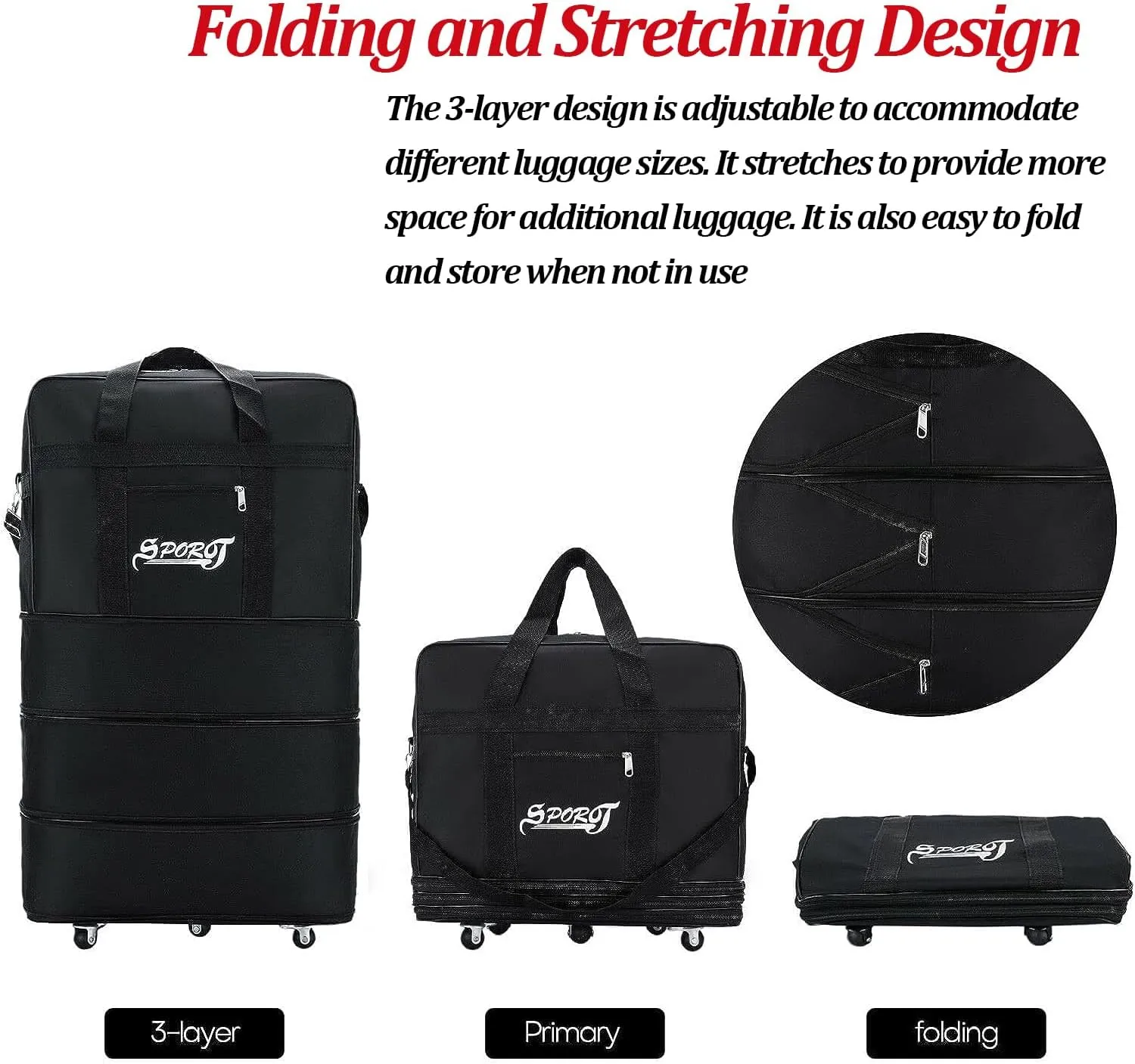 Expandable Rolling Wheeled Duffle Bag - Waterproof Lightweight Traveling Foldable Suitcase, Large Capacity, Durable Carry on Duffel Bag Weekend Bag for Women Men, 30'', Black