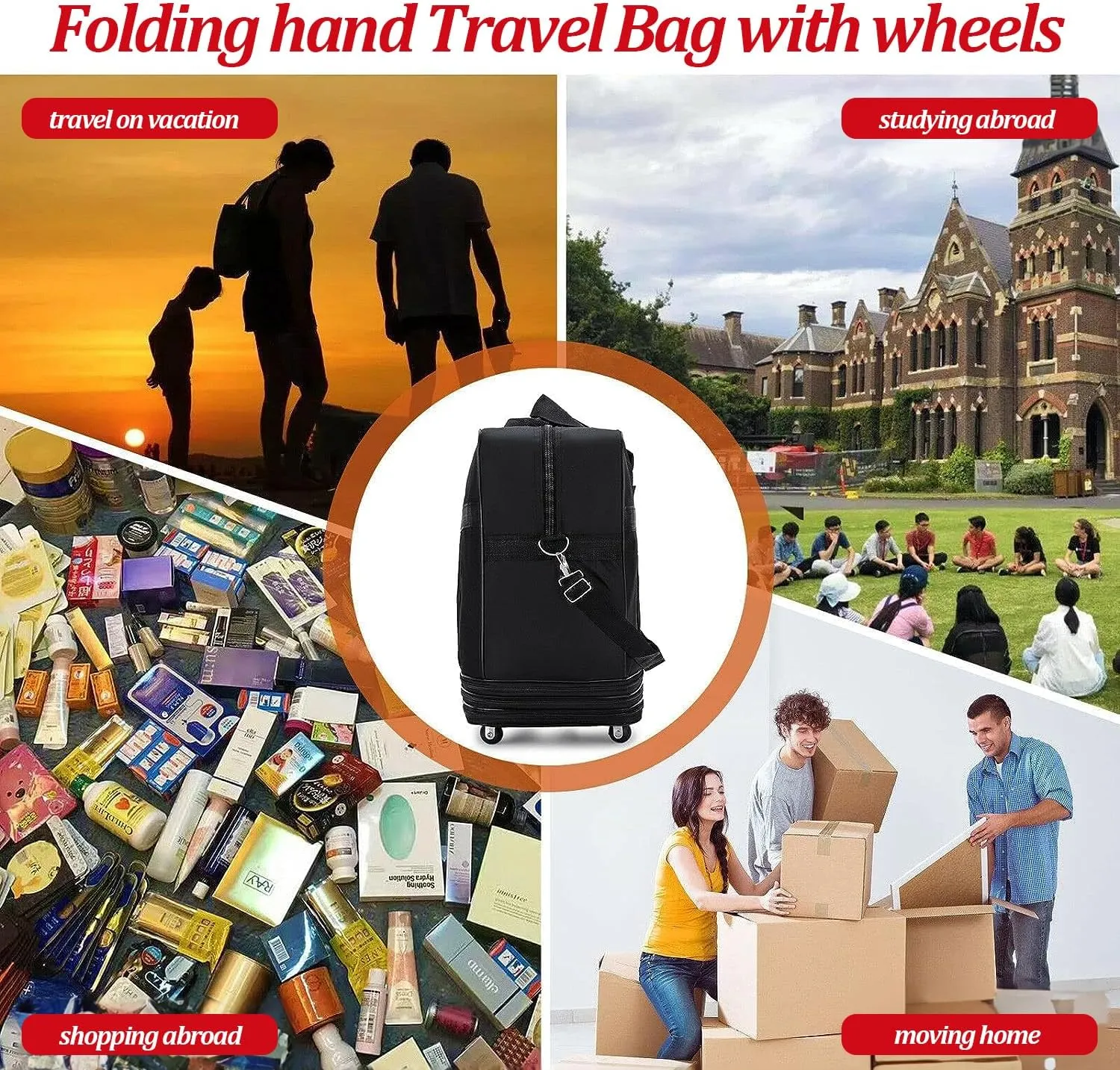 Expandable Rolling Wheeled Duffle Bag - Waterproof Lightweight Traveling Foldable Suitcase, Large Capacity, Durable Carry on Duffel Bag Weekend Bag for Women Men, 30'', Black
