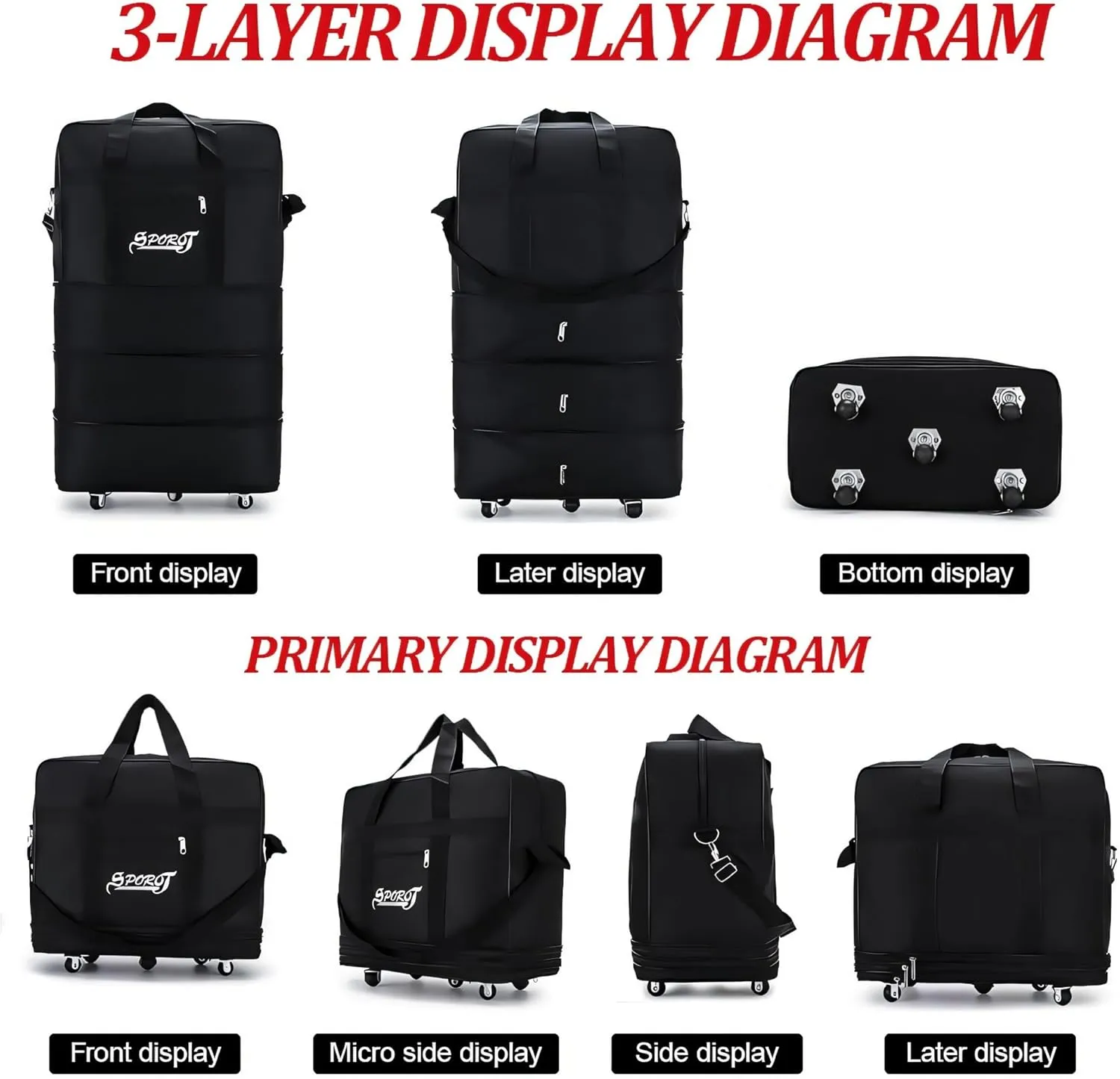 Expandable Rolling Wheeled Duffle Bag - Waterproof Lightweight Traveling Foldable Suitcase, Large Capacity, Durable Carry on Duffel Bag Weekend Bag for Women Men, 30'', Black