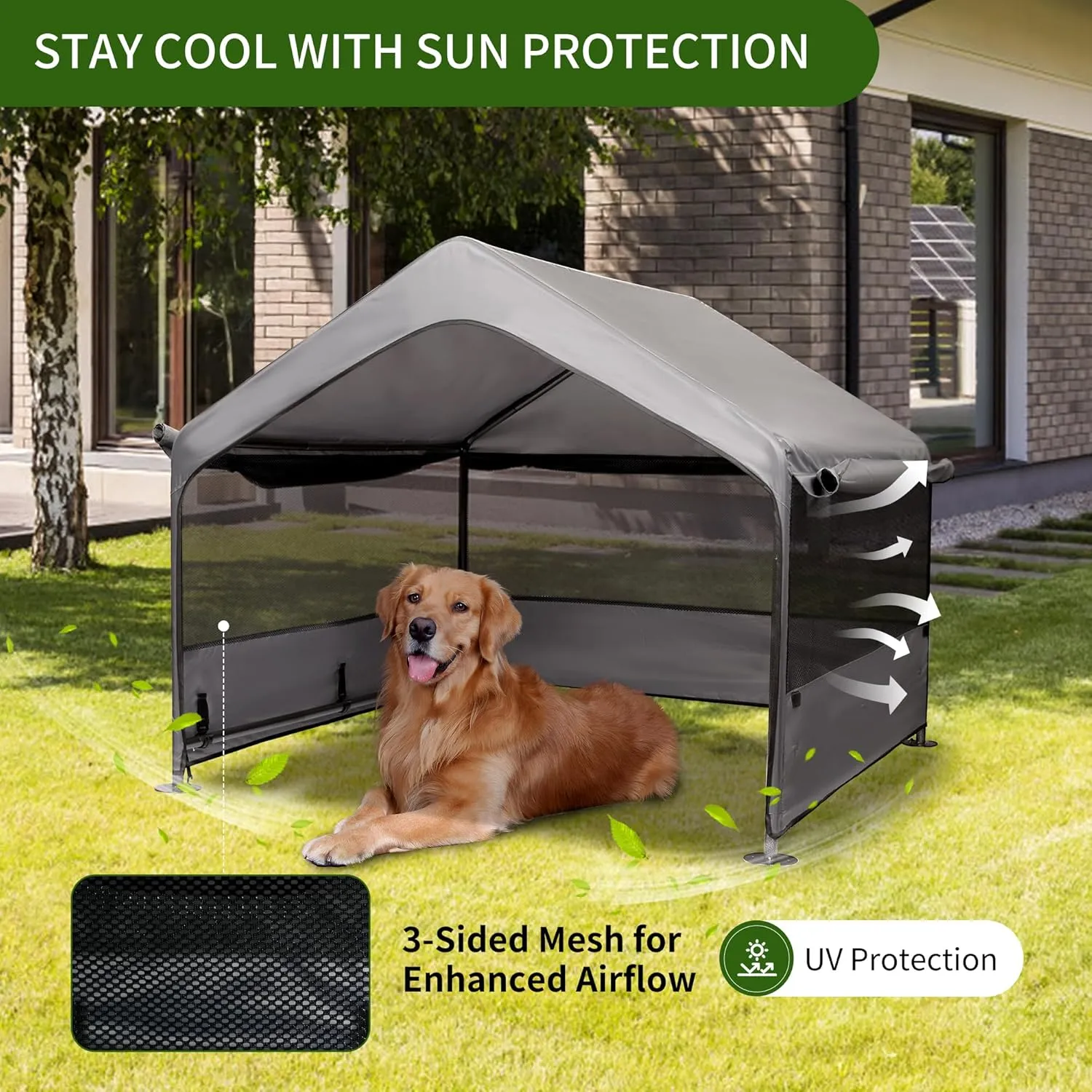 Extra Large Dog House Outside, Dog Tent Outdoor, Big Dog Shade Shelter Doghouse Canopy With Three-Sided Breathable Mesh Windows, Gray Sun Rain Cover For Pet Cat Goat Livestock 4'x 4'x 3.3'
