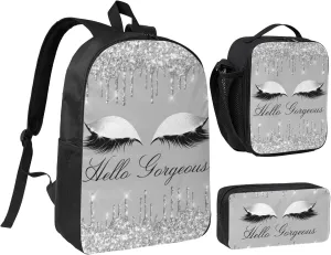 Eyelashes Silver Gray Drips 3-Piece Backpack Set – Lightweight backpack, Insulated Lunch Bag & Pencil Case, Durable Oxford for Travel/Work