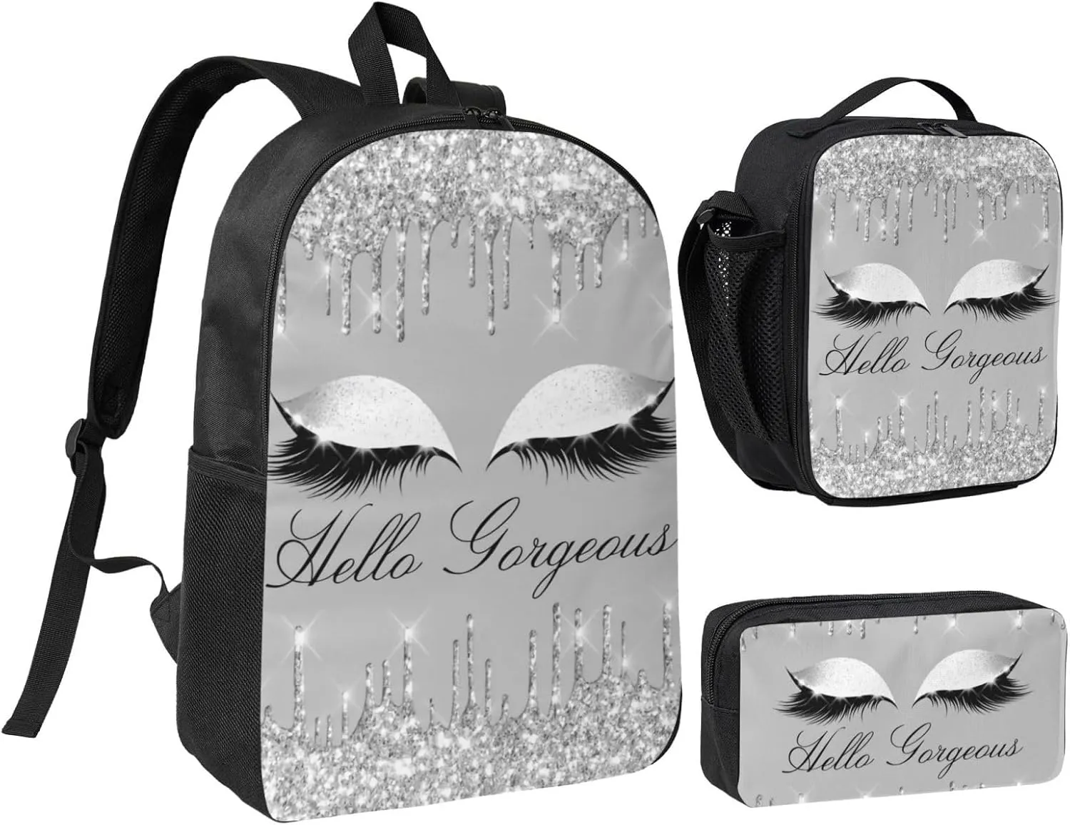 Eyelashes Silver Gray Drips 3-Piece Backpack Set – Lightweight backpack, Insulated Lunch Bag & Pencil Case, Durable Oxford for Travel/Work