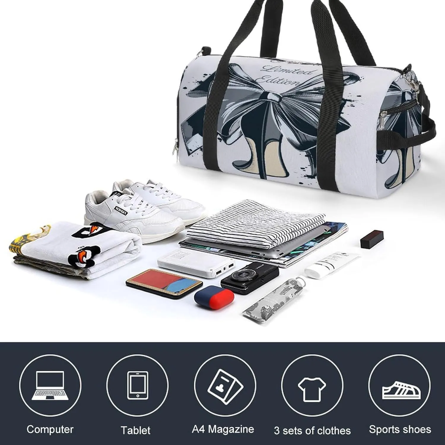 Fashion High Heel Shoe Bow Duffel Bag for Men Women with Shoe Compartment Waterproof Gym Travel